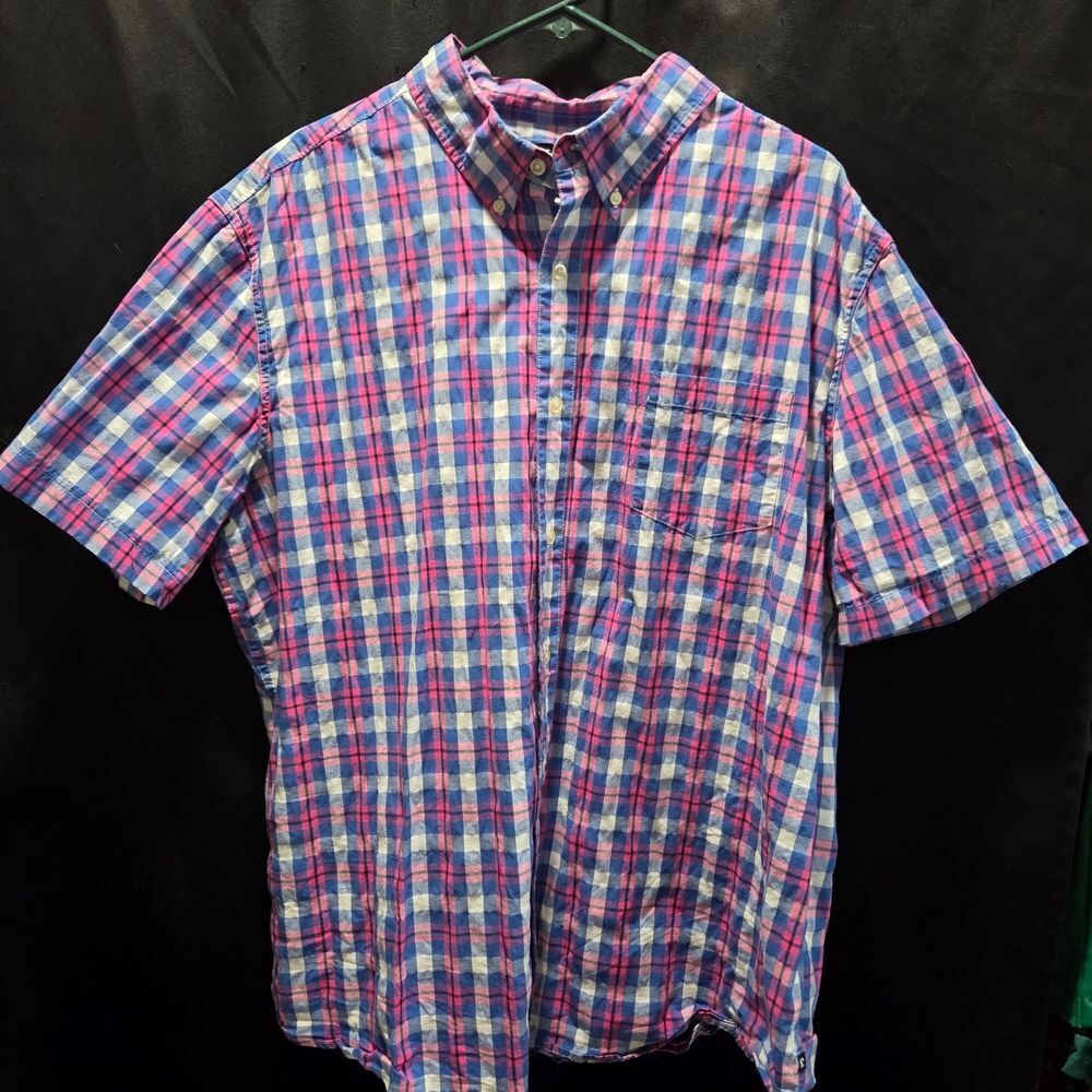 Chaps Mens Plaid Shirt Sz L Blue White Stretch Cotton Button Down Coastal Prep